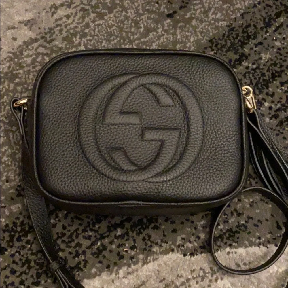 Black Pebbled Leather Crossbody with Embossed Double G